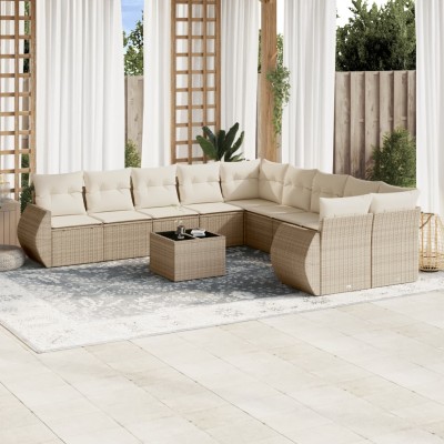 Set de sofás de jardín 11pzas con cojines ratán sintético beige