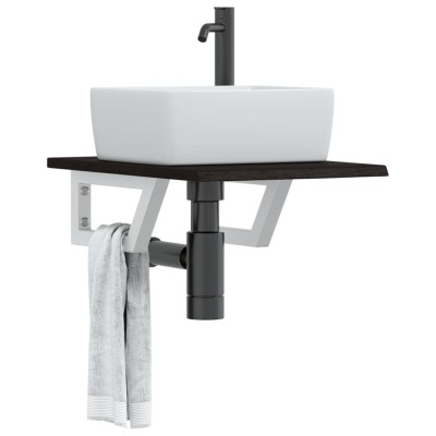 Estante de lavabo de pared de acero y madera maciza de roble