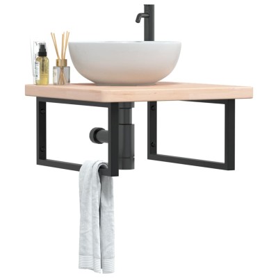 Estante de lavabo de pared de acero y madera maciza de roble