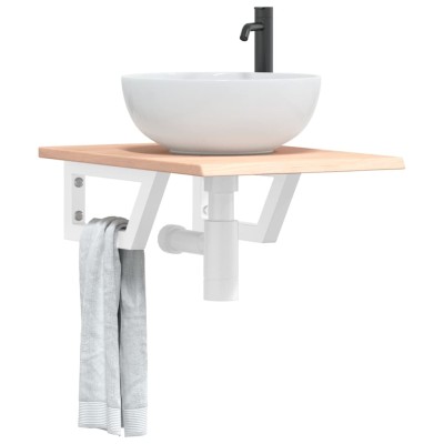 Estante de lavabo de pared de acero y madera maciza de roble