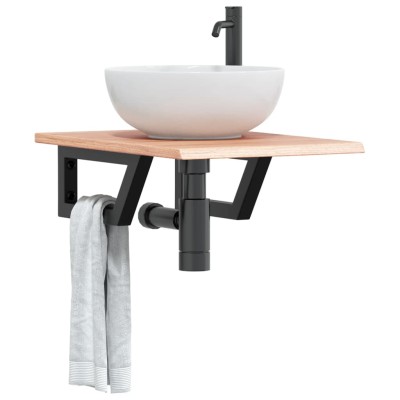 Estante de lavabo de pared de acero y madera maciza de roble
