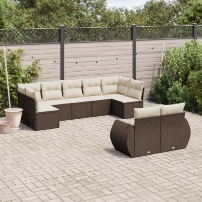 Set de sofás de jardín 9 pzas y cojines ratán sintético marrón