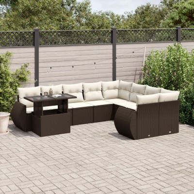 Set de sofás de jardín 10 pzas y cojines ratán sintético marrón