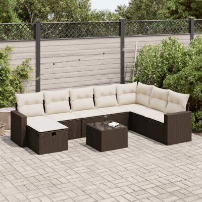 Set de sofás de jardín 9 pzas y cojines ratán sintético marrón