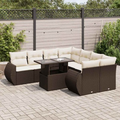 Set de sofás de jardín 9 pzas y cojines ratán sintético marrón