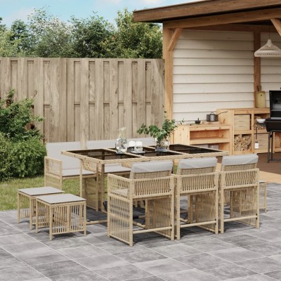 Set comedor de jardín 11 pzas con cojines ratán sintético beige