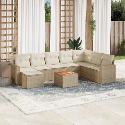 Set de sofás de jardín con cojines 9 pzas ratán sintético beige