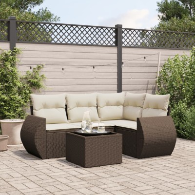 Set comedor de jardín 5 piezas y cojines ratán sintético marrón