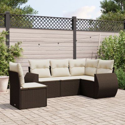 Set comedor de jardín 5 piezas y cojines ratán sintético marrón
