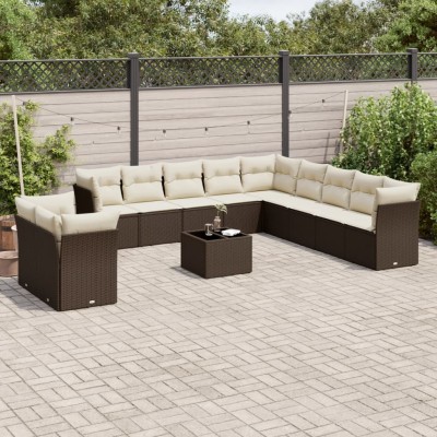 Set de sofás de jardín y cojines 12 pzas ratán sintético marrón