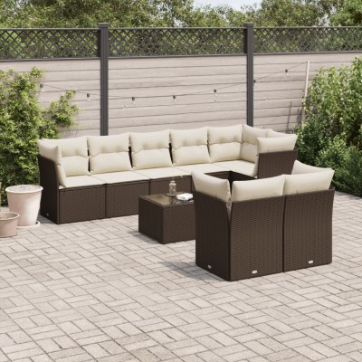Set de sofás de jardín 9 pzas y cojines ratán sintético marrón