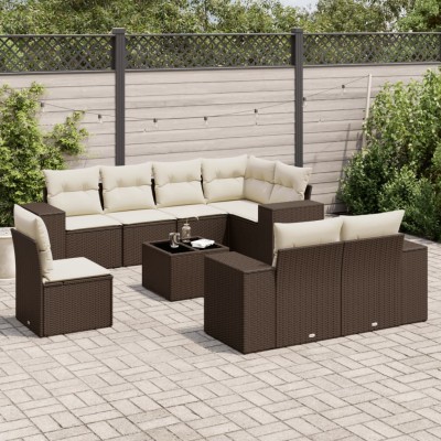 Set de sofás de jardín 9 pzas y cojines ratán sintético marrón
