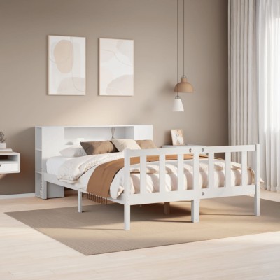 Cama con estantería sin colchón madera maciza blanca 140x190 cm