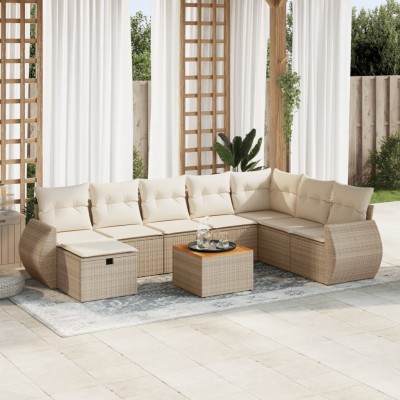 Set de sofás de jardín con cojines 9 pzas ratán sintético beige