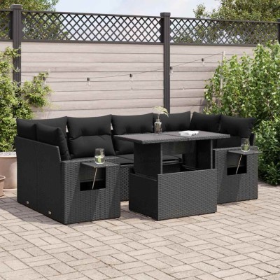 Set de sofás de jardín 7 pzas con cojines ratán sintético negro