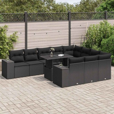 Set de sofás de jardín 11 pzas y cojines ratán sintético negro