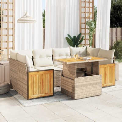 Set sofás jardín y cojines 7 pzas ratán sintético acacia beige