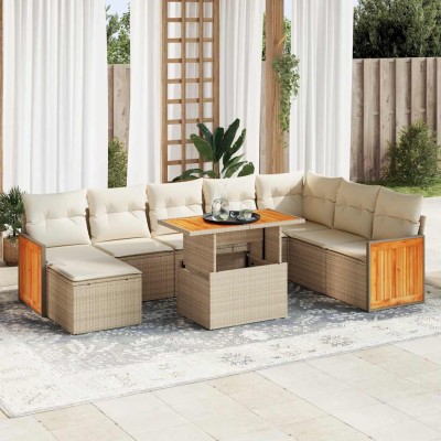 Set sofás jardín y cojines 7 pzas ratán sintético acacia beige