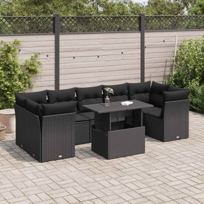 Set de sofás de jardín y cojines 8 piezas ratán sintético negro