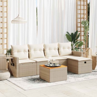Juego de sofás jardín con cojines 6 pzas ratán sintético beige