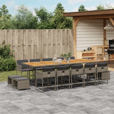 Set comedor de jardín con cojines 15 pzas ratán sintético gris