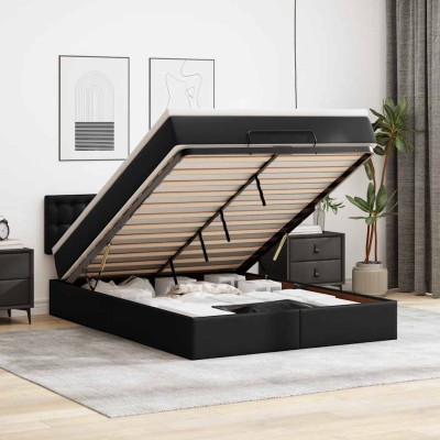 Estructura cama otomana colchón cuero sintético negro 140x200cm