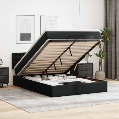 Cama otomana colchón y LED cuero sintético negro 140x200 cm