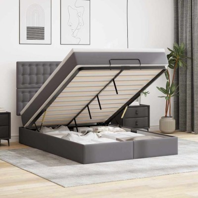 Estructura cama otomana colchón cuero sintético gris 140x200cm