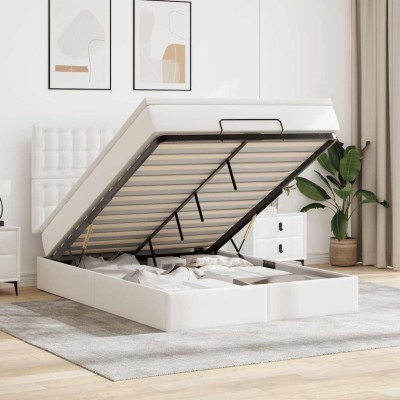 Estructura cama otomana colchón cuero sintético blanco