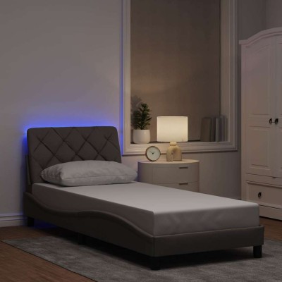 Estructura cama con LED sin colchón tela gris taupe 90x190 cm