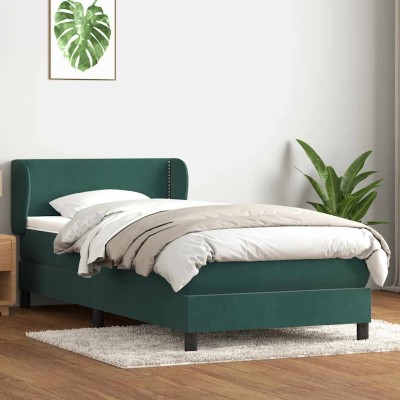 Cama box spring con colchón terciopelo verde oscuro 80x220 cm
