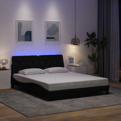 Estructura de cama con LED sin colchón tela negro 160x200 cm