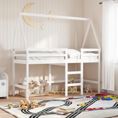 Cama alta escalera y techo madera maciza pino blanca 90x190 cm