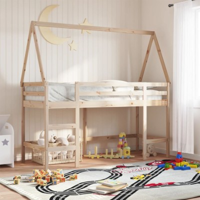 Cama alta con escalera y techo madera maciza de pino 90x190 cm