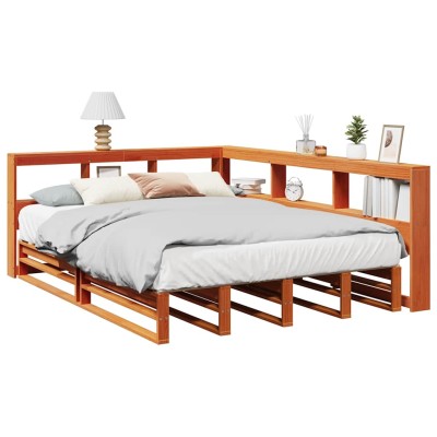 Cama con estantería sin colchón madera maciza marrón 135x190cm