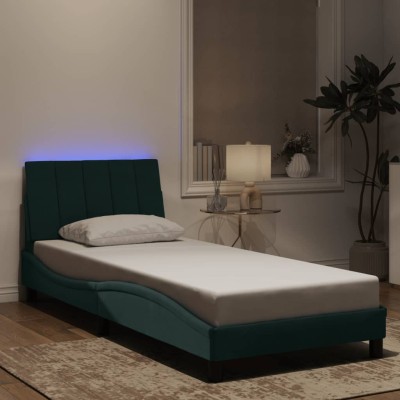 Estructura cama con luces LED terciopelo verde oscuro 90x200 cm